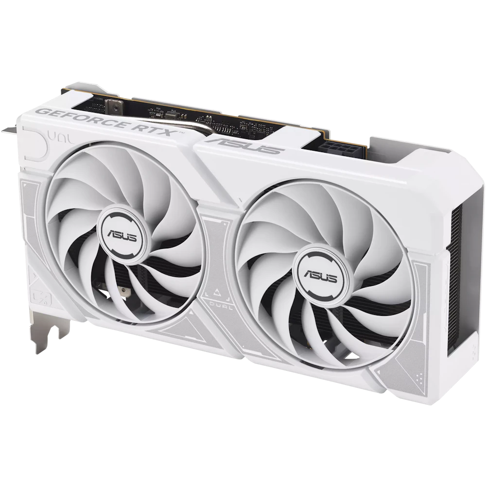 A large main feature product image of ASUS GeForce RTX 5060 Dual OC 8GB GDDR7 (White)