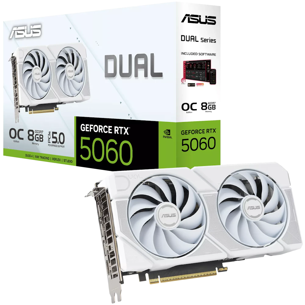 A large main feature product image of ASUS GeForce RTX 5060 Dual OC 8GB GDDR7 (White)