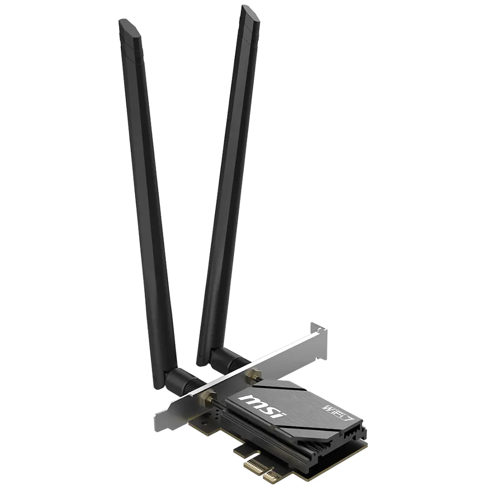 A large main feature product image of MSI Herald BE6500 Tri-Band Wi-Fi 7 Bluetooth 5.4 PCIe Adapter Card