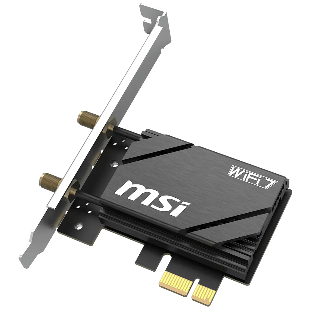 A large main feature product image of MSI Herald BE6500 Tri-Band Wi-Fi 7 Bluetooth 5.4 PCIe Adapter Card