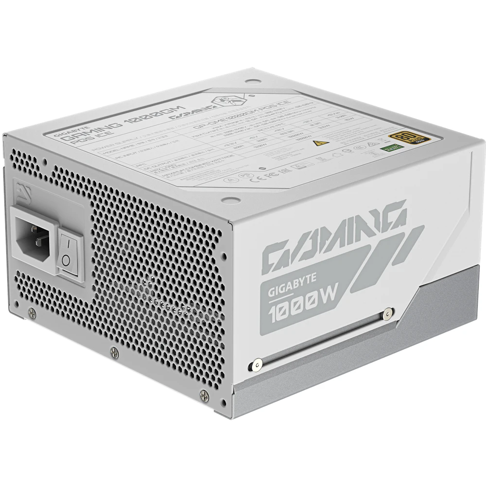 A large main feature product image of Gigabyte Gaming 1000GM ICE PG5 1000W Gold PCIe 5.1 ATX 3.1 Modular PSU - White