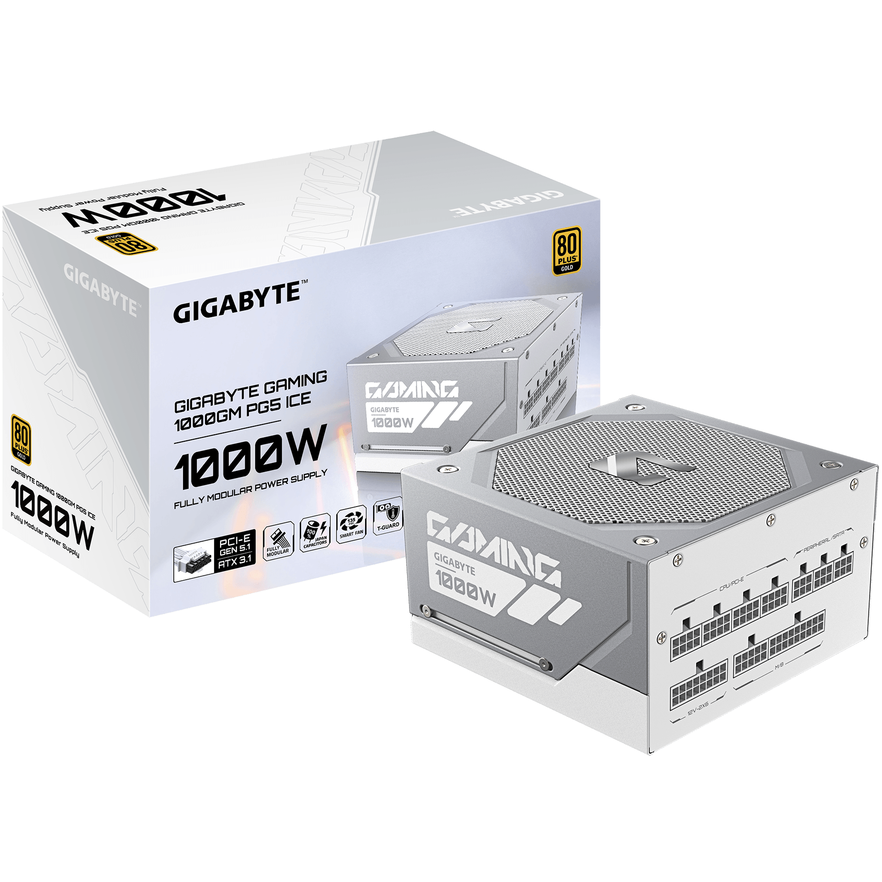 A large main feature product image of Gigabyte Gaming 1000GM ICE PG5 1000W Gold PCIe 5.1 ATX 3.1 Modular PSU - White