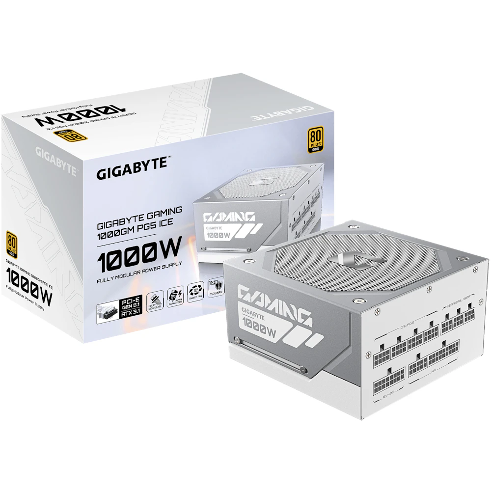 A large main feature product image of Gigabyte Gaming 1000GM ICE PG5 1000W Gold PCIe 5.1 ATX 3.1 Modular PSU - White