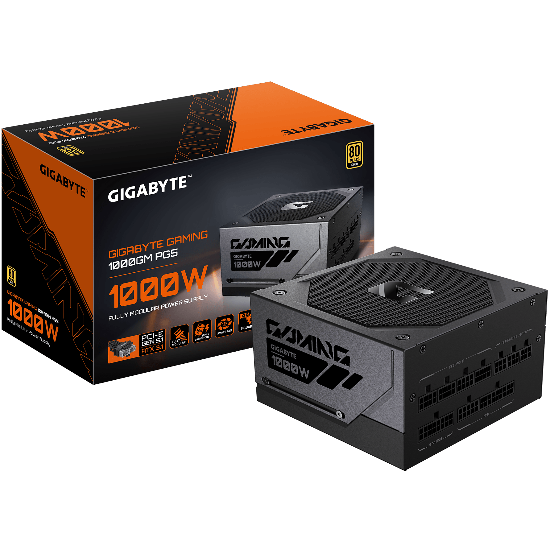 A large main feature product image of Gigabyte Gaming 1000GM PG5 1000W Gold PCIe 5.1 ATX 3.1 Modular PSU