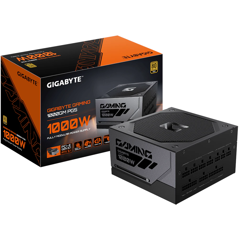 A large main feature product image of Gigabyte Gaming 1000GM PG5 1000W Gold PCIe 5.1 ATX 3.1 Modular PSU