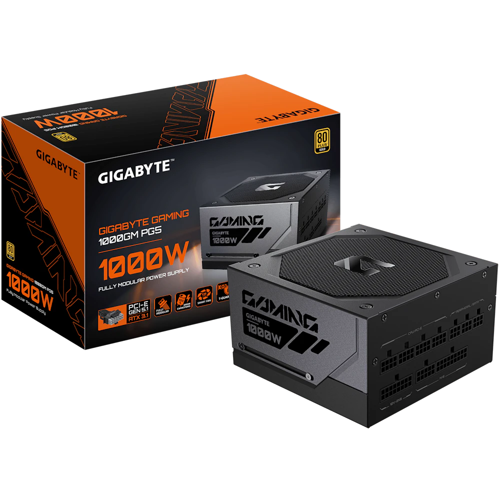 A large main feature product image of Gigabyte Gaming 1000GM PG5 1000W Gold PCIe 5.1 ATX 3.1 Modular PSU