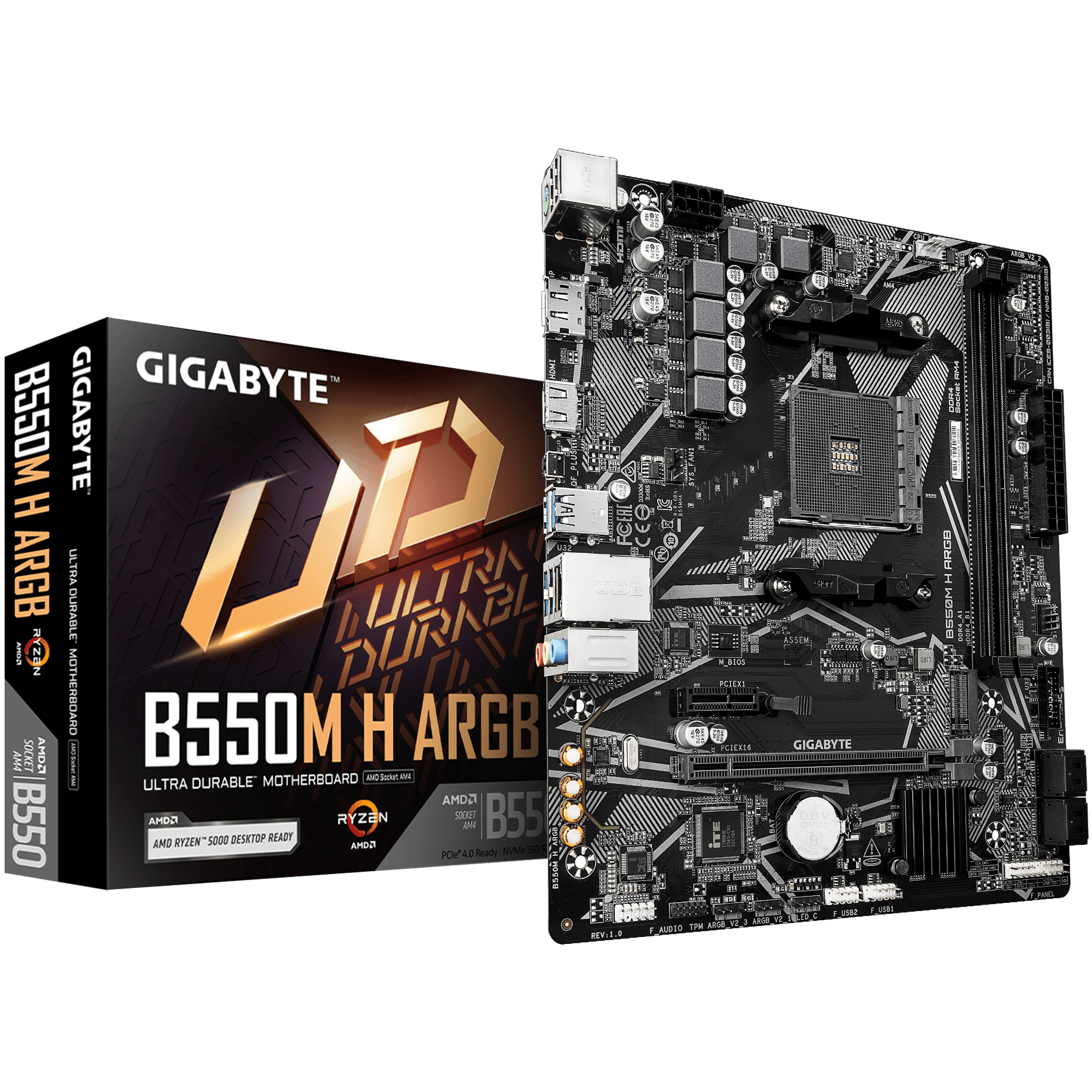 A large main feature product image of EX-DEMO Gigabyte B550M H ARGB AM4 mATX Desktop Motherboard