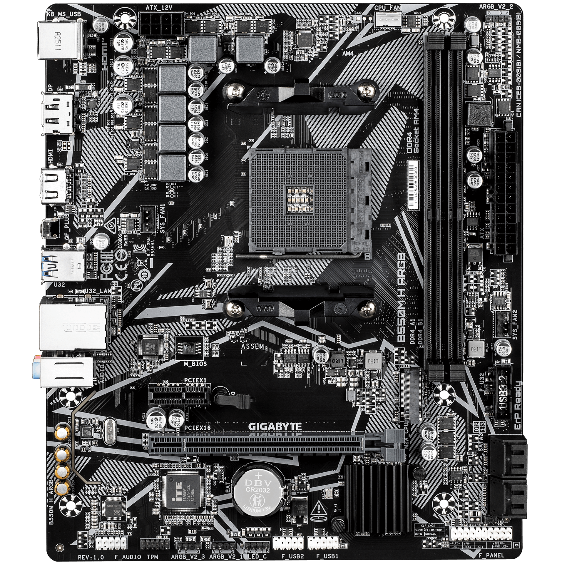 A large main feature product image of EX-DEMO Gigabyte B550M H ARGB AM4 mATX Desktop Motherboard