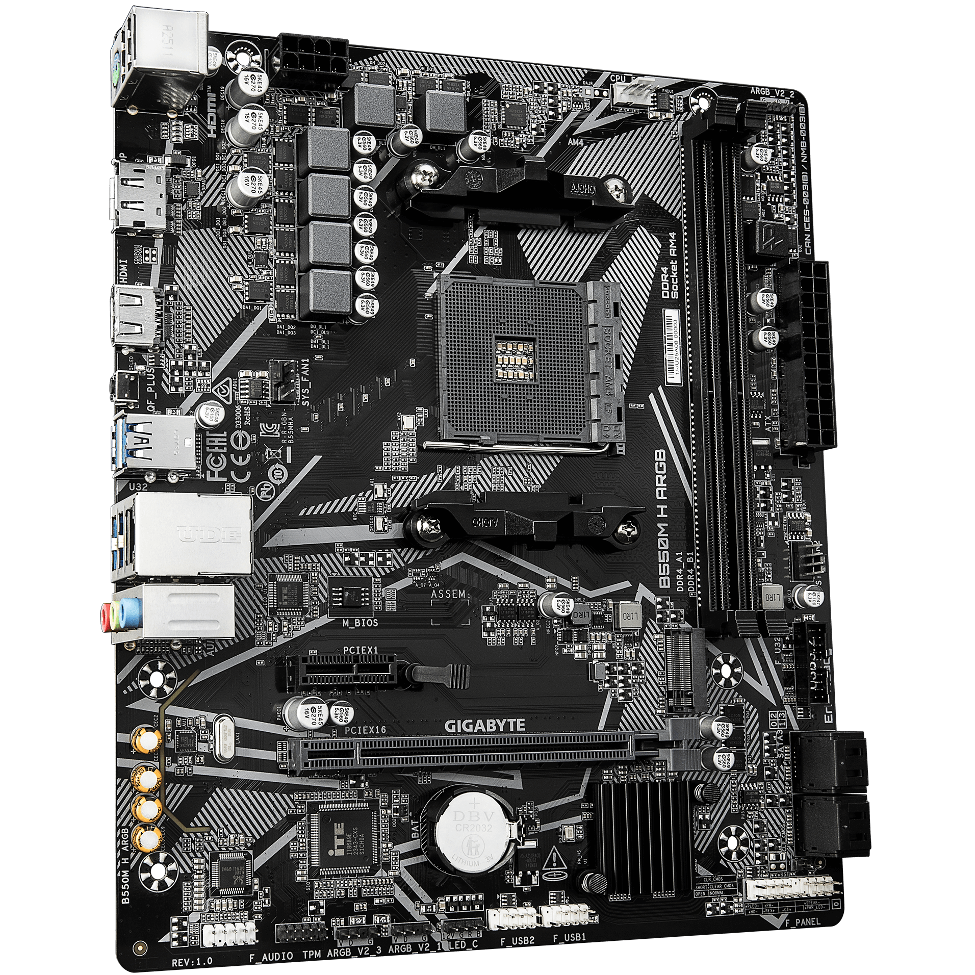 A large main feature product image of EX-DEMO Gigabyte B550M H ARGB AM4 mATX Desktop Motherboard