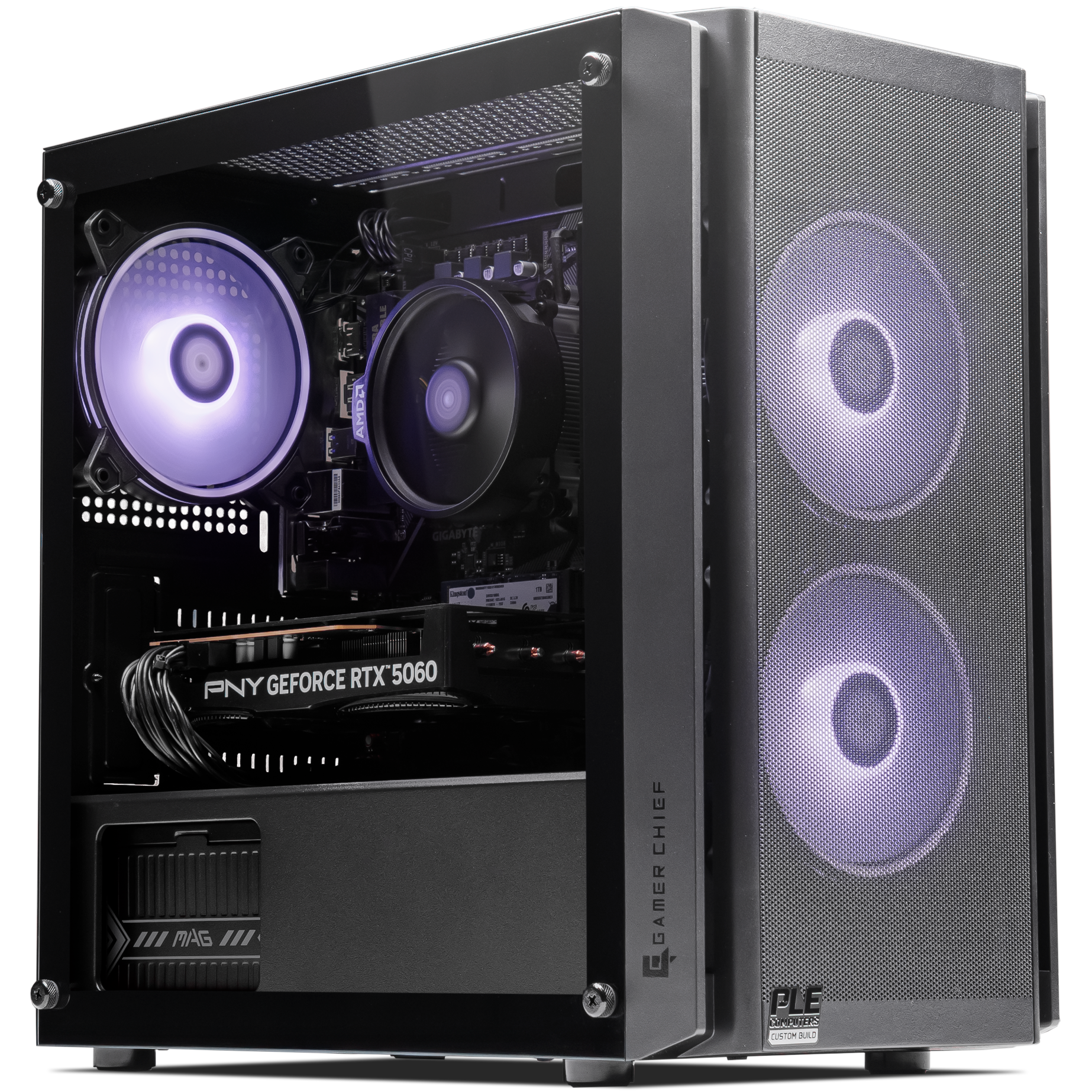 A large main feature product image of PLE Iris RTX 5060 Prebuilt Ready To Go Gaming PC