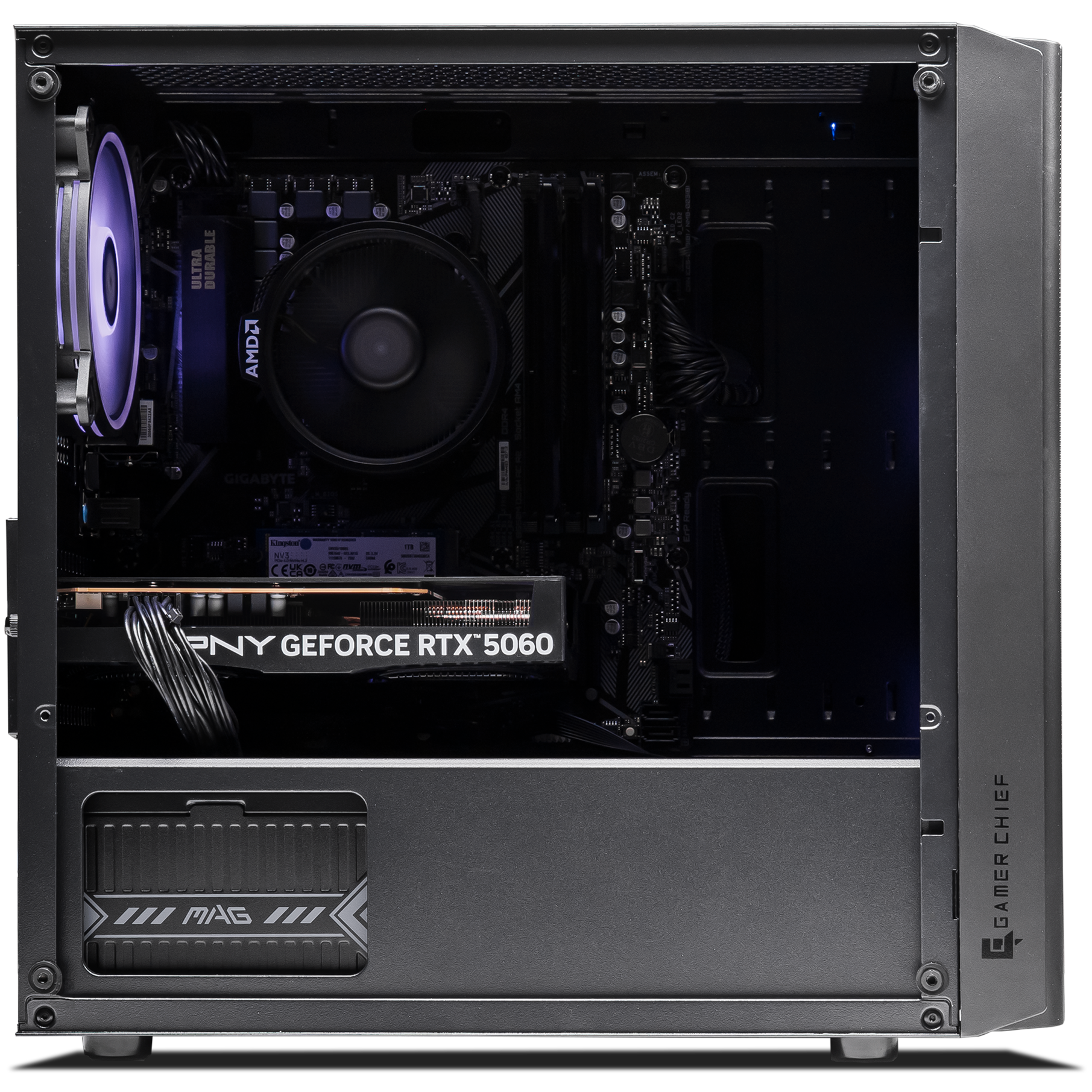 A large main feature product image of PLE Iris RTX 5060 Prebuilt Ready To Go Gaming PC