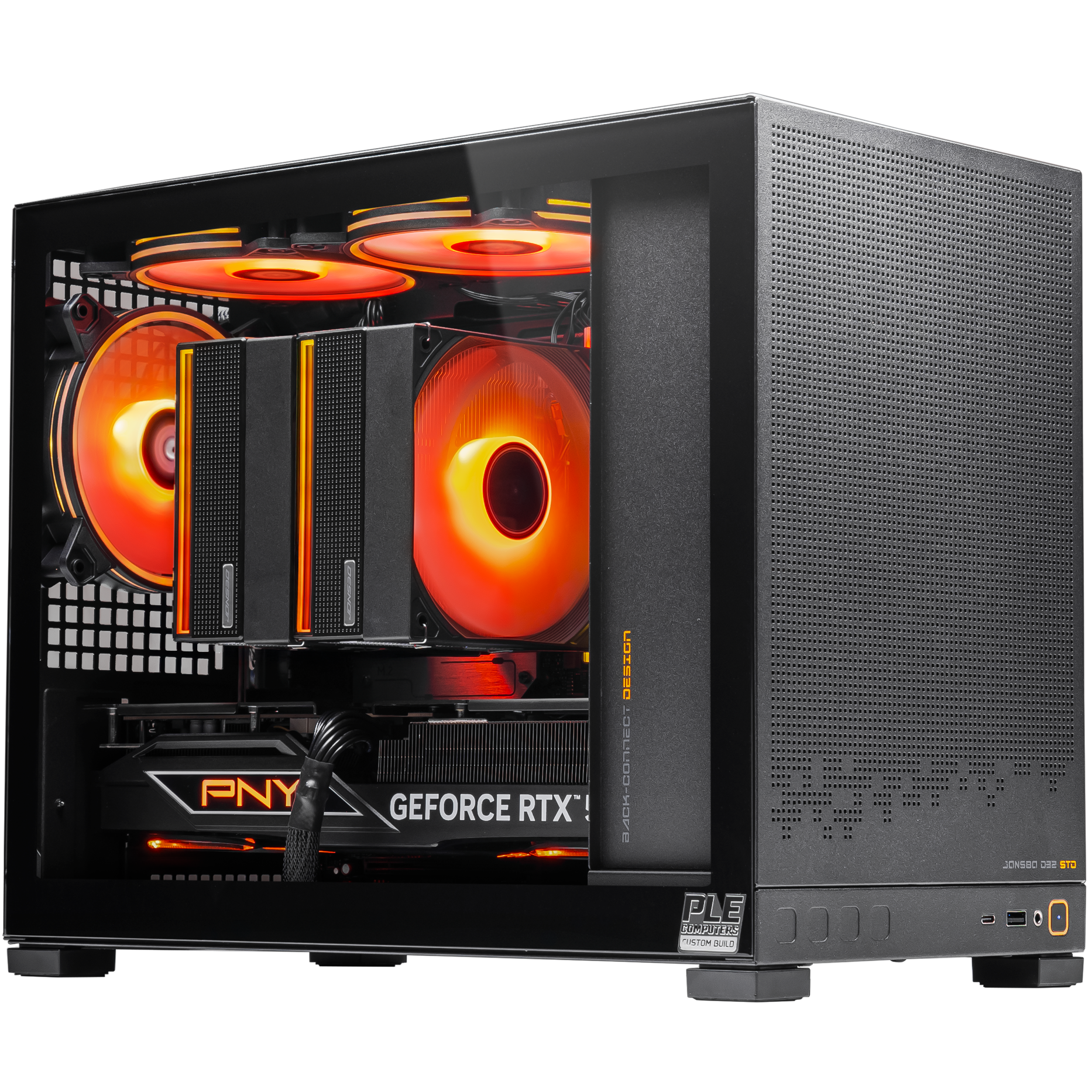 A large main feature product image of PLE Flare RTX 5080 Prebuilt Ready To Go Gaming PC