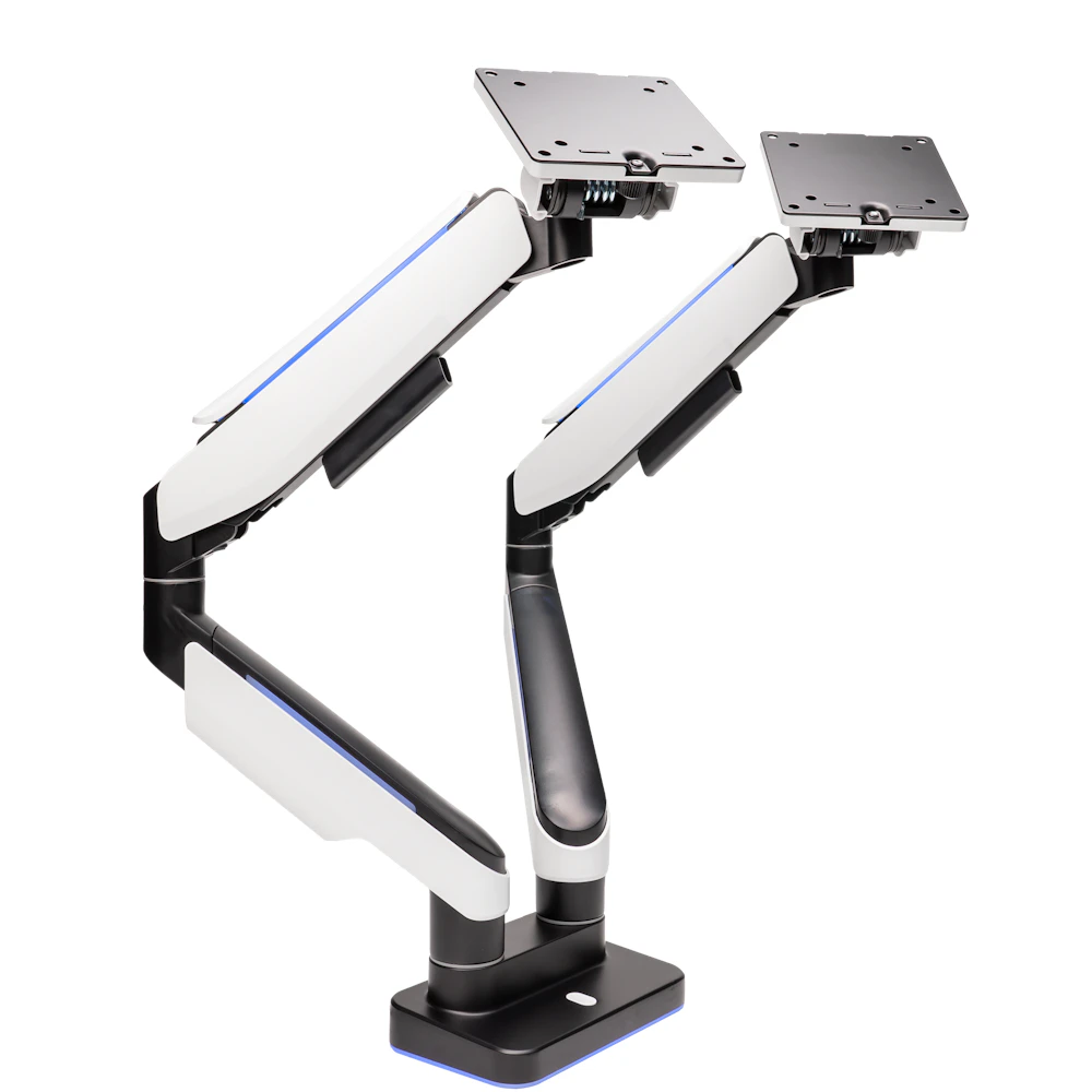 A large main feature product image of EX-DEMO GamerChief Pro Gaming Dual Monitor Arm - Greyish White w/RGB