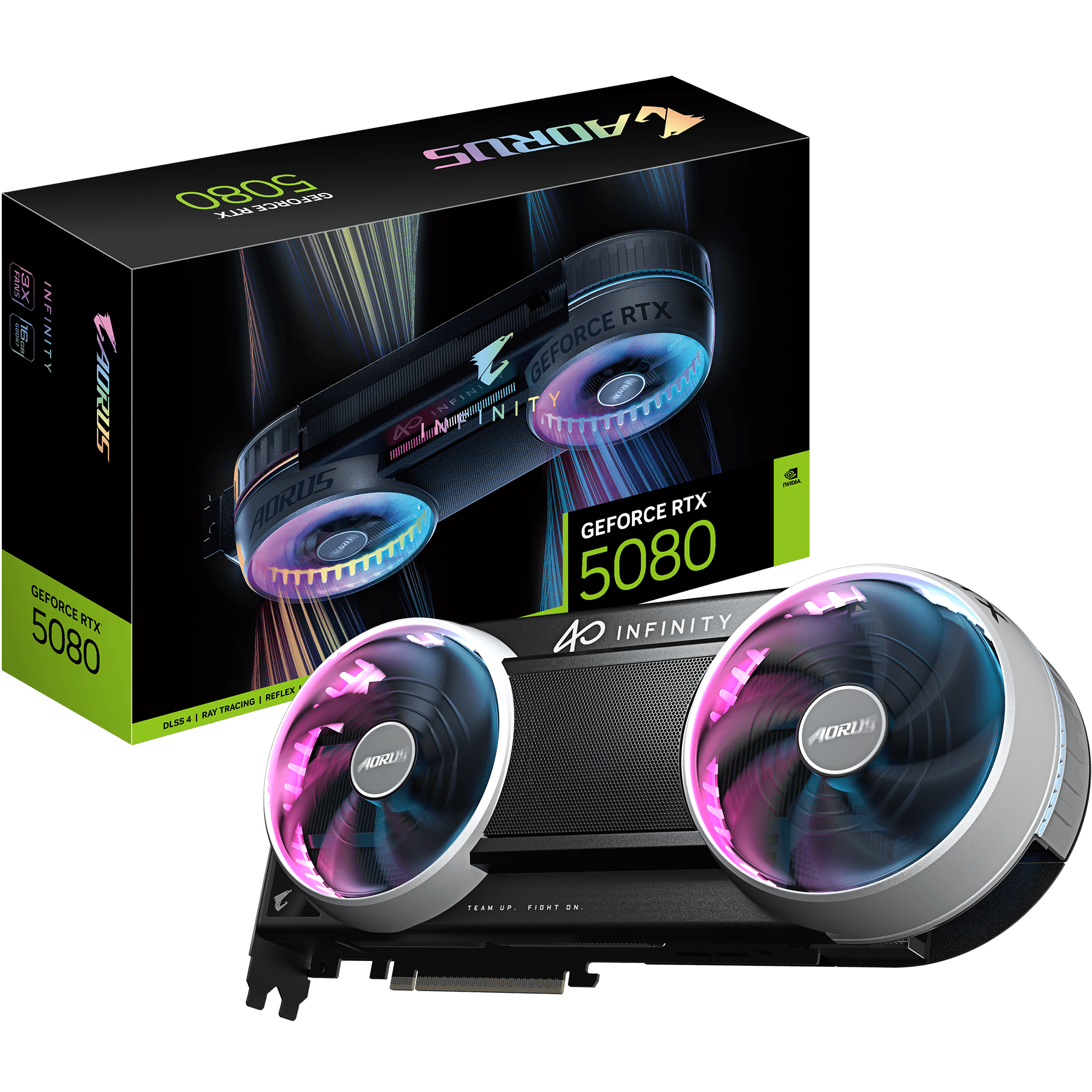 A large main feature product image of Gigabyte GeForce RTX 5080 AORUS Infinity 16GB GDDR7