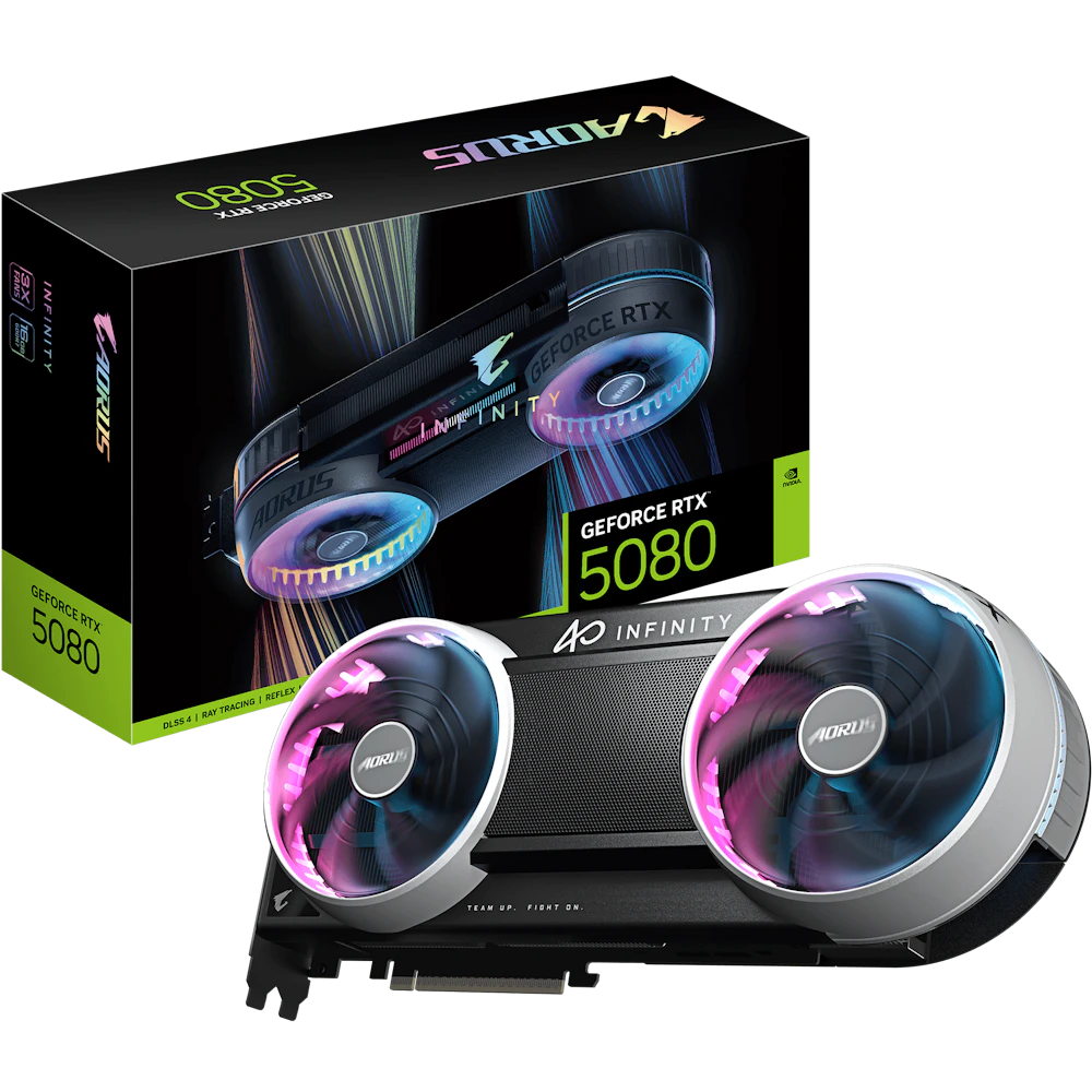 A large main feature product image of Gigabyte GeForce RTX 5080 AORUS Infinity 16GB GDDR7