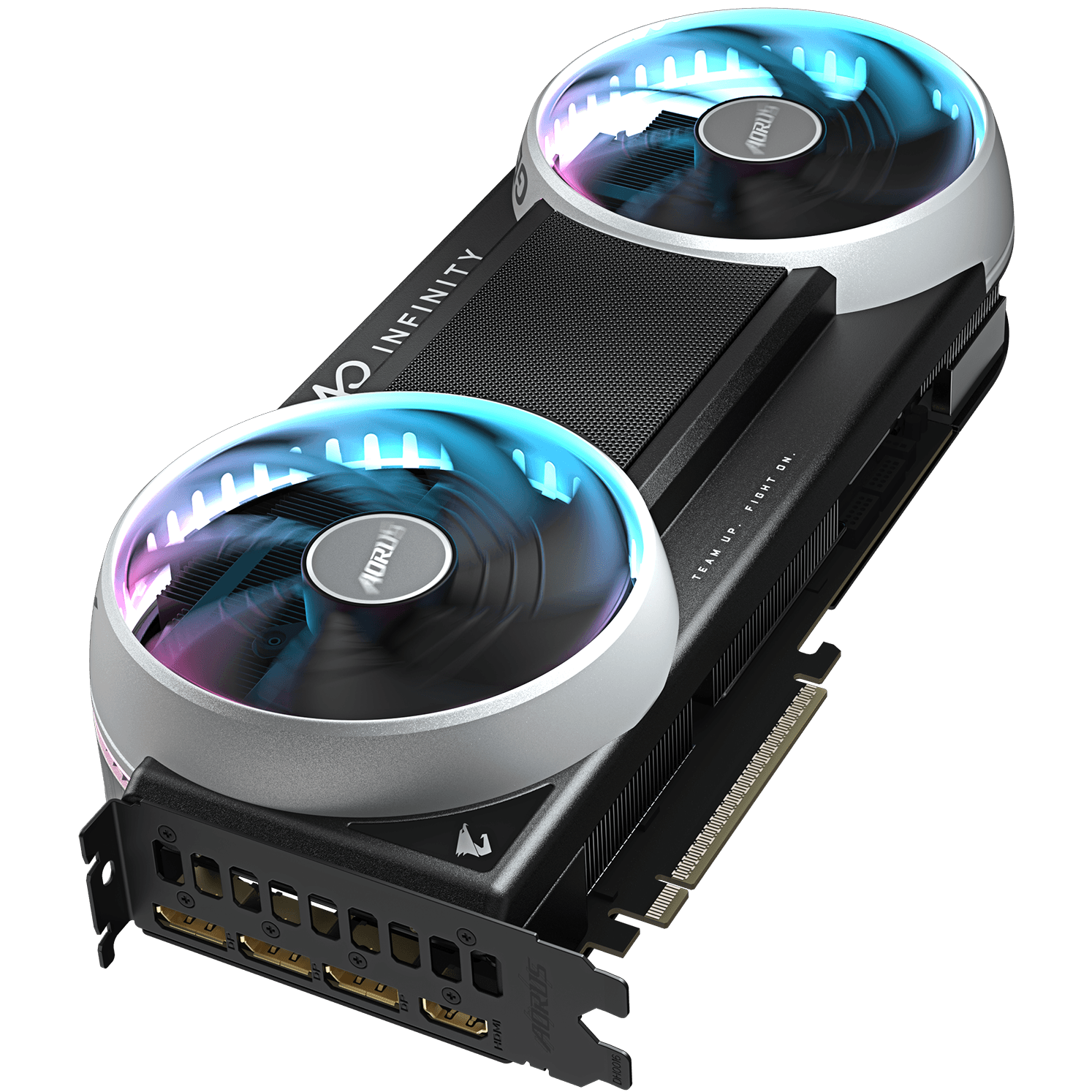 A large main feature product image of Gigabyte GeForce RTX 5080 AORUS Infinity 16GB GDDR7
