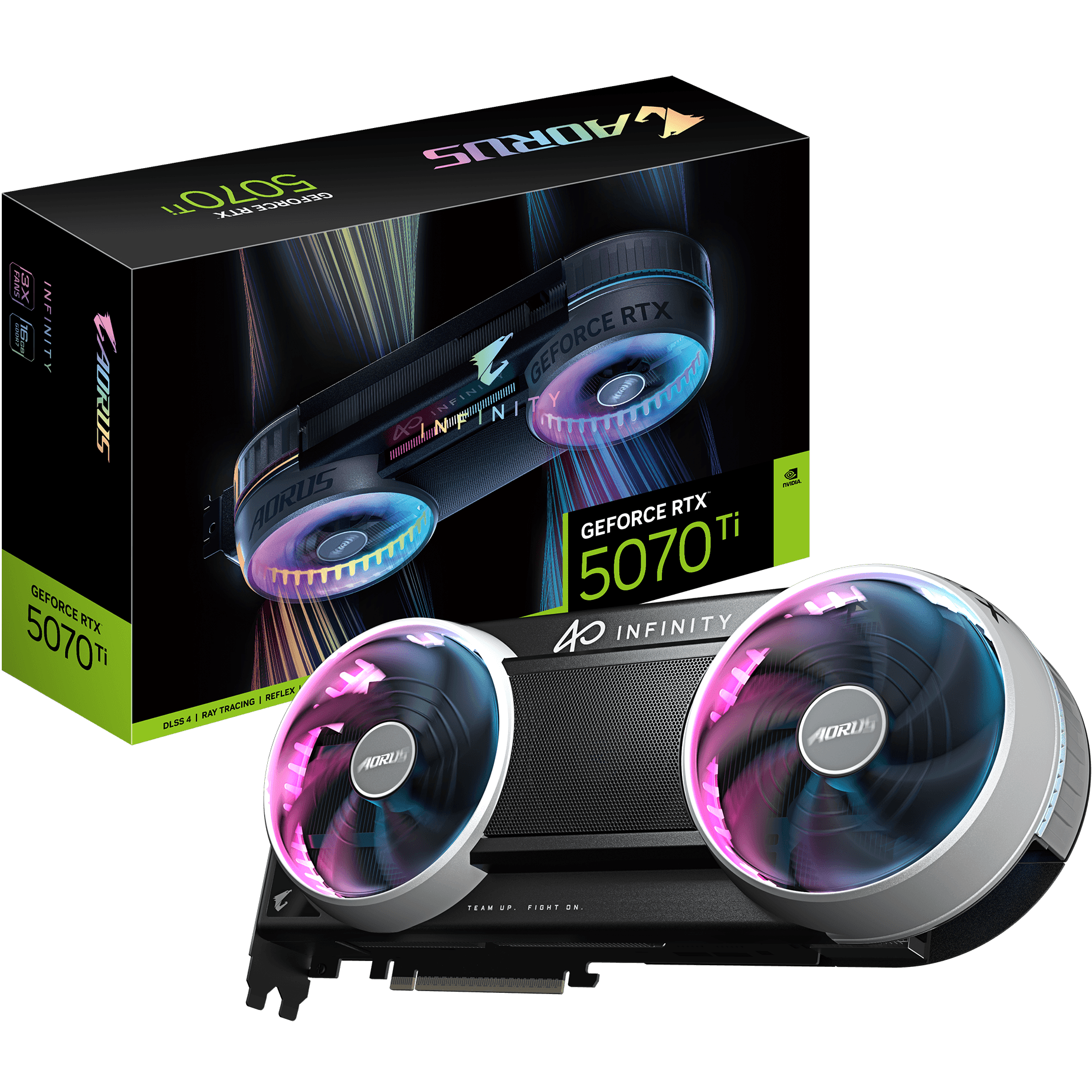 A large main feature product image of Gigabyte GeForce RTX 5070 Ti AORUS Infinity 16GB GDDR7