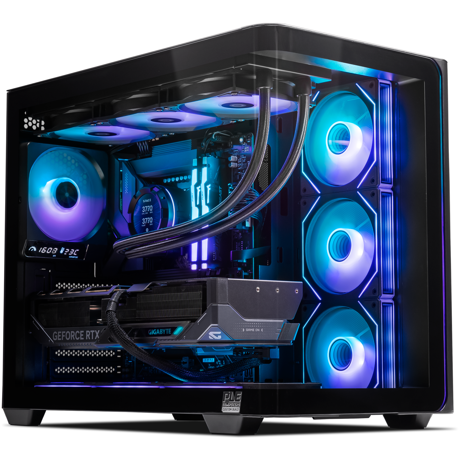 A large main feature product image of PLE Celestial RTX 5080 Prebuilt Ready To Go Gaming PC