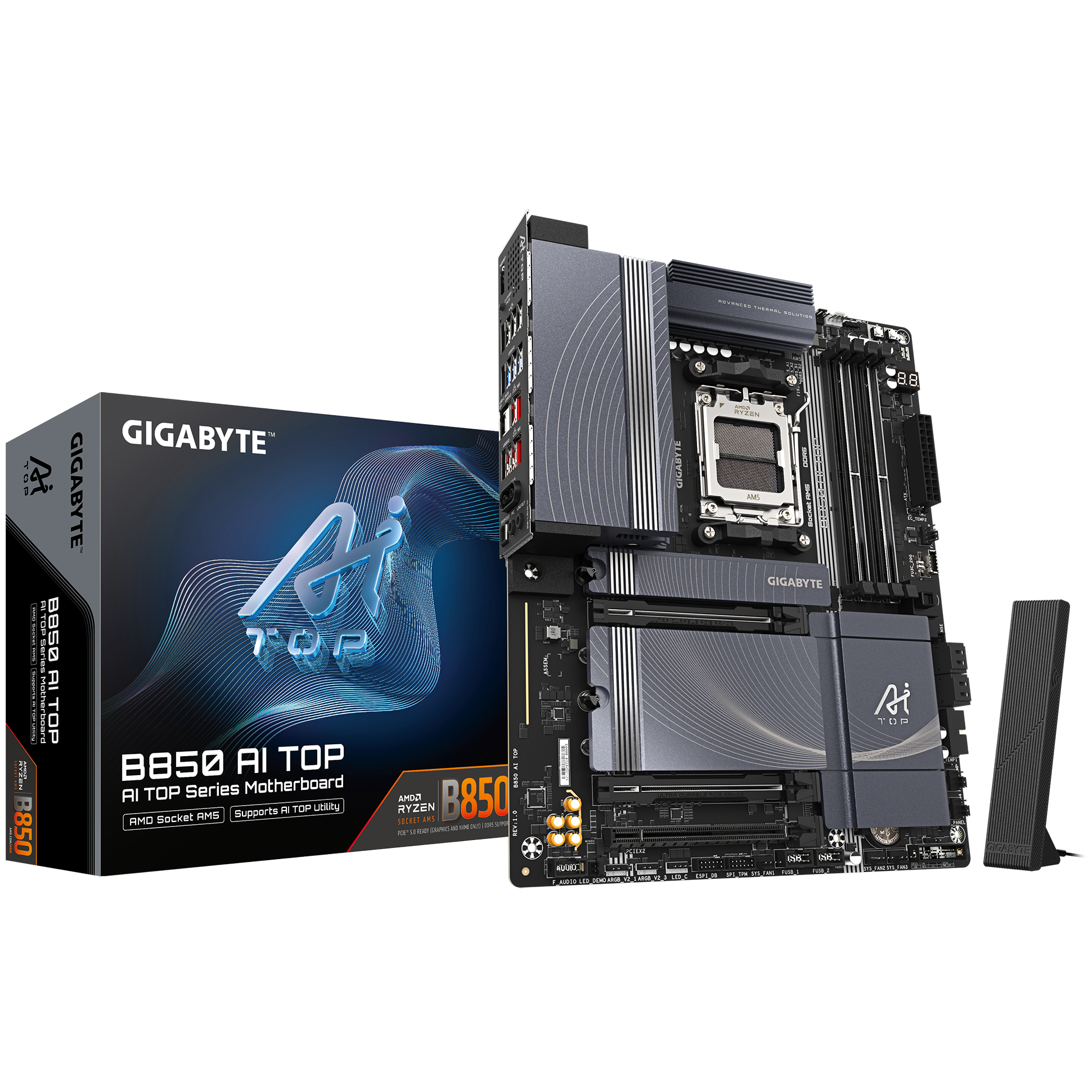 A large main feature product image of Gigabyte B850 AI Top AM5 ATX Desktop Motherboard