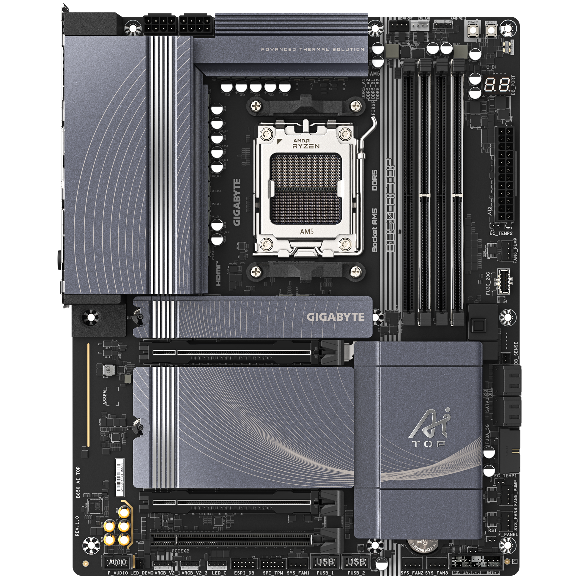 A large main feature product image of Gigabyte B850 AI Top AM5 ATX Desktop Motherboard