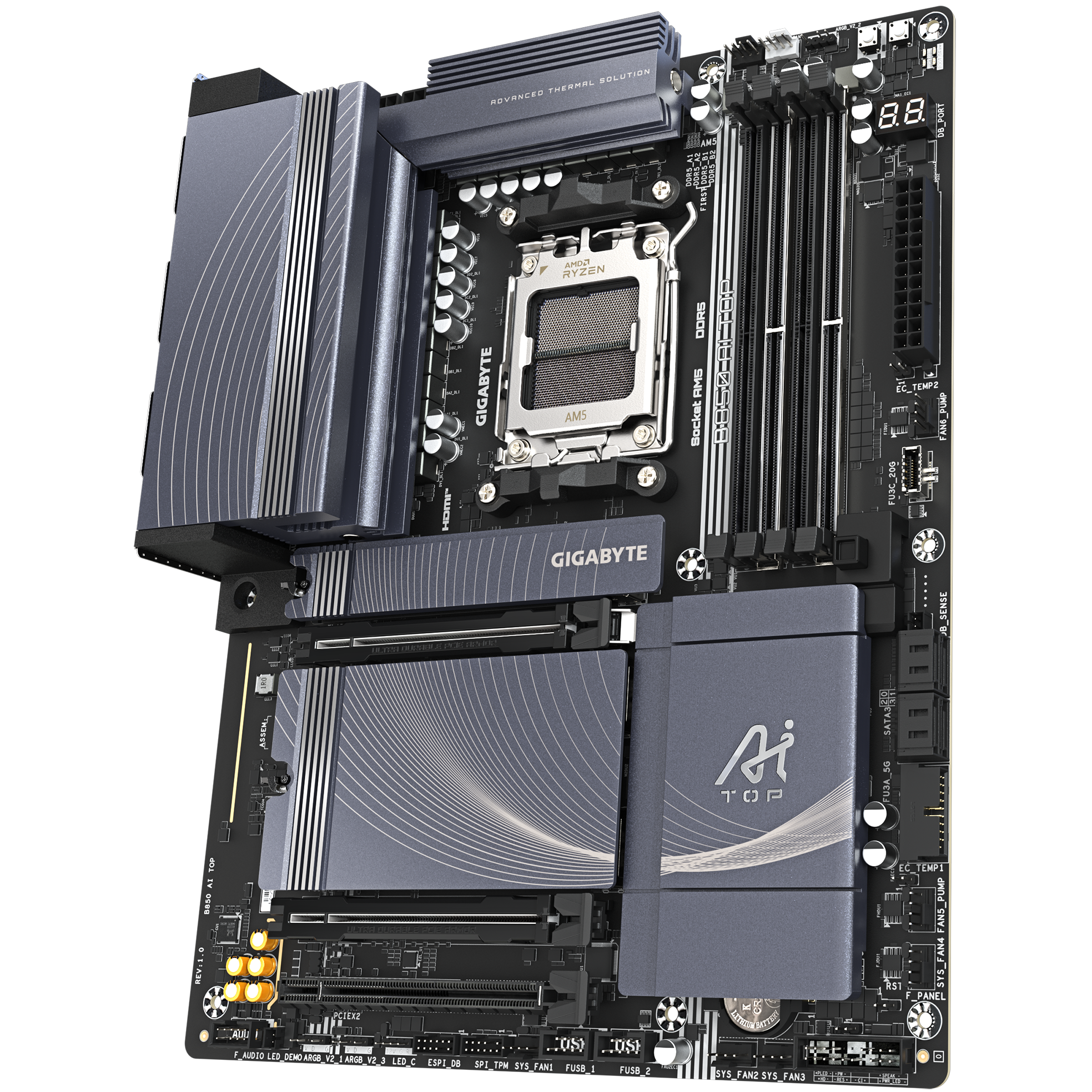 A large main feature product image of Gigabyte B850 AI Top AM5 ATX Desktop Motherboard