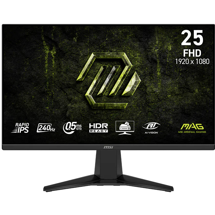 A large main feature product image of EX-DEMO MSI MAG 255F X24 - 25" 1080p 240Hz 0.5ms Rapid IPS Gaming Monitor