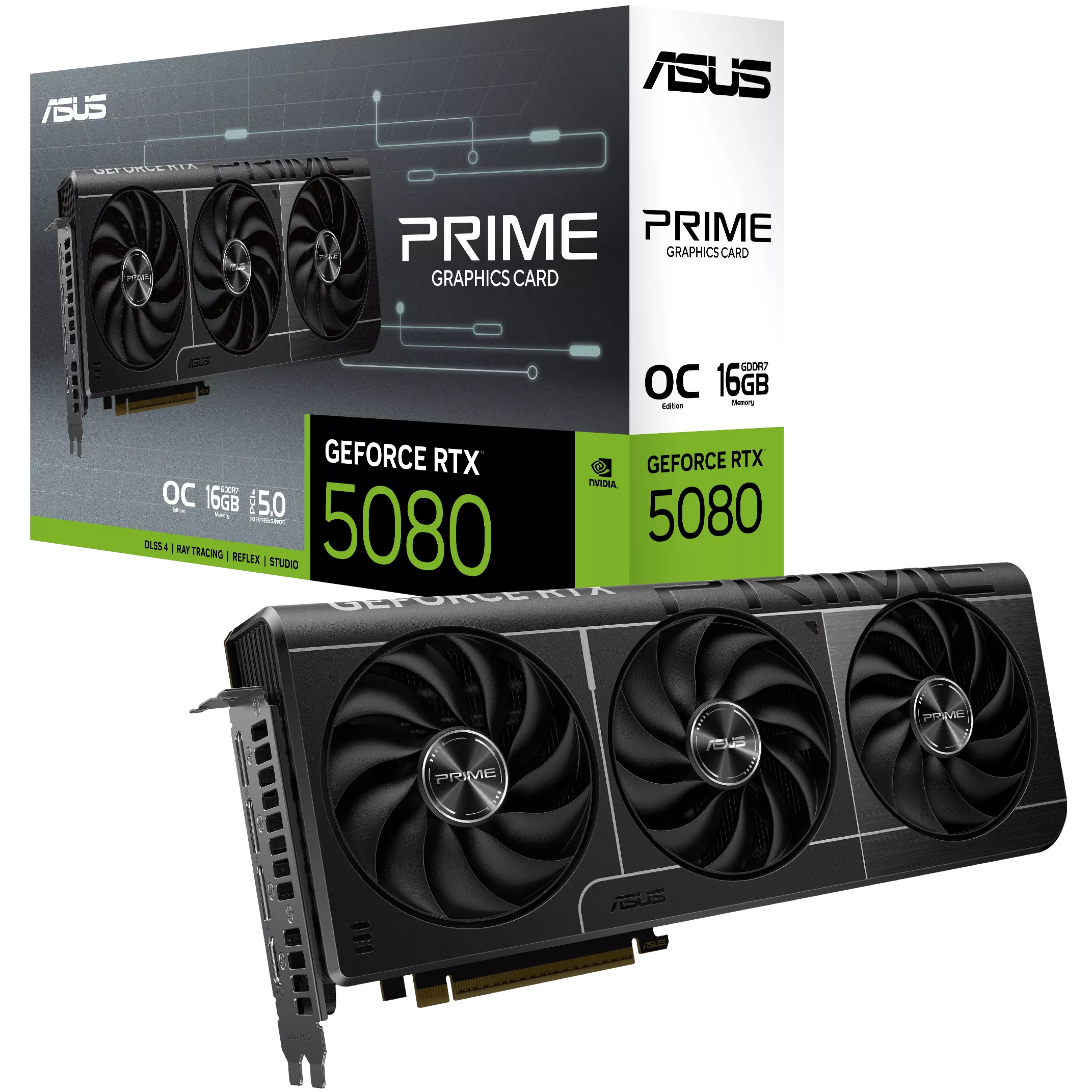 A large main feature product image of ASUS GeForce RTX 5080 PRIME EVO OC 16GB GDDR7