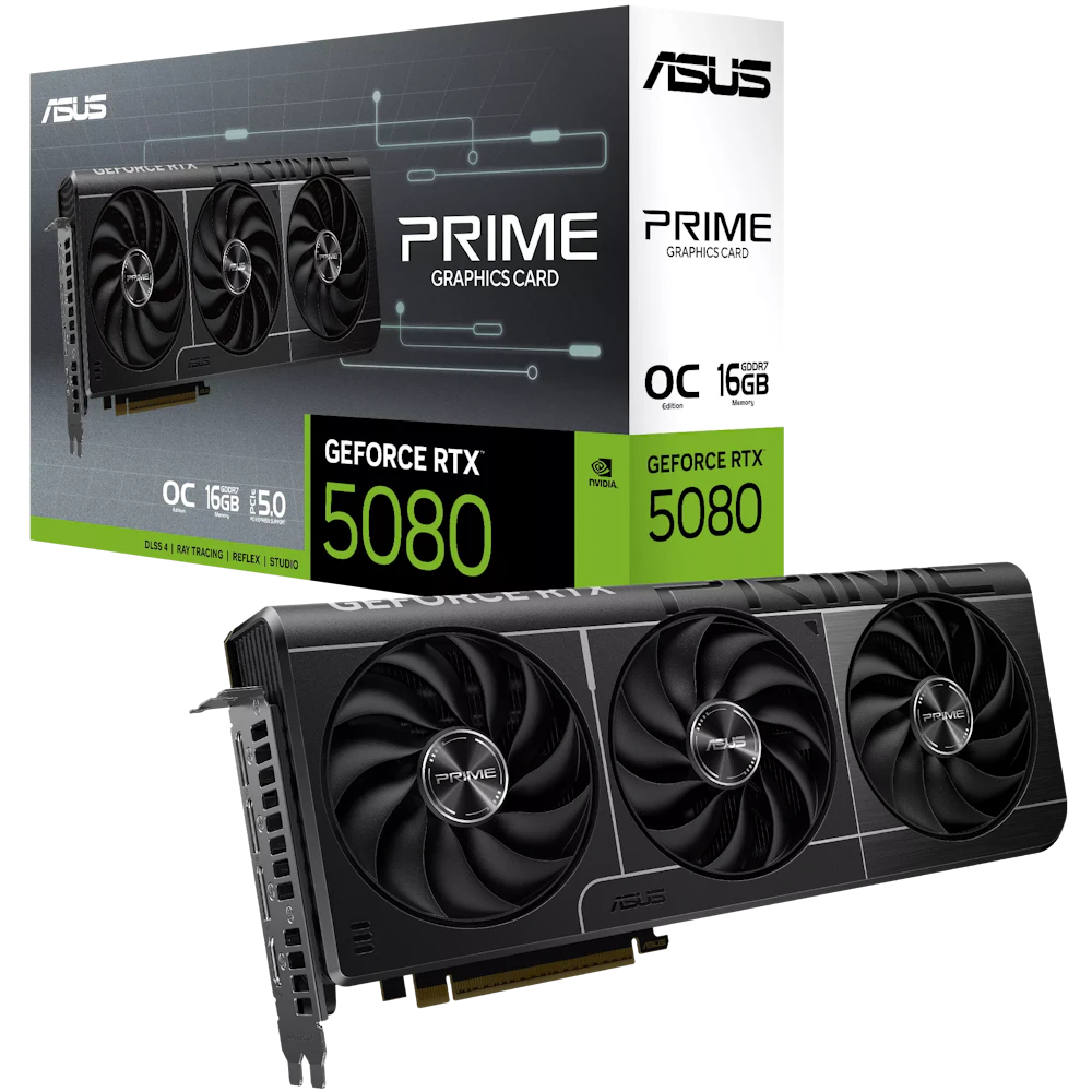 A large main feature product image of ASUS GeForce RTX 5080 PRIME EVO OC 16GB GDDR7