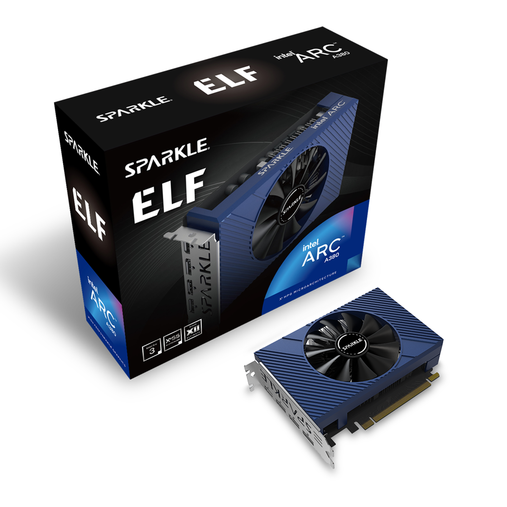 A large main feature product image of EX-DEMO SPARKLE Intel Arc A380 ELF 6GB GDDR6