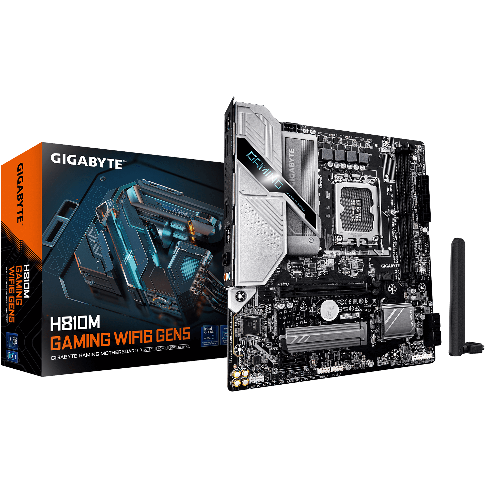 A large main feature product image of Gigabyte H810M GAMING WiFi6 GEN5 LGA1851 mATX Desktop Motherboard