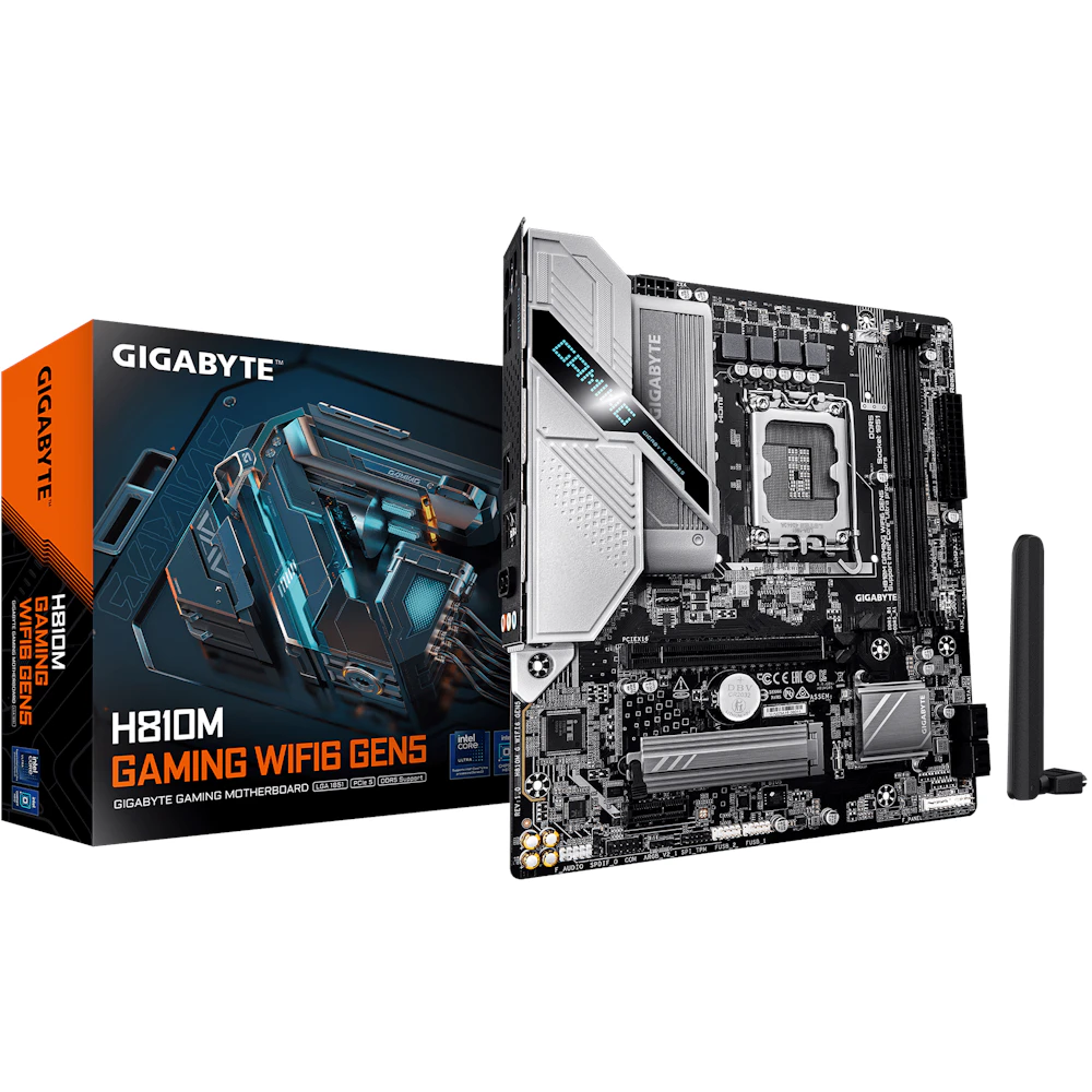 A large main feature product image of Gigabyte H810M GAMING WiFi6 GEN5 LGA1851 mATX Desktop Motherboard