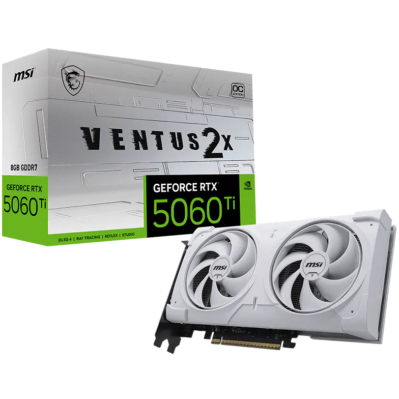 A large main feature product image of MSI GeForce RTX 5060 Ti 8GB GDDR7 VENTUS 2X OC PLUS (White)