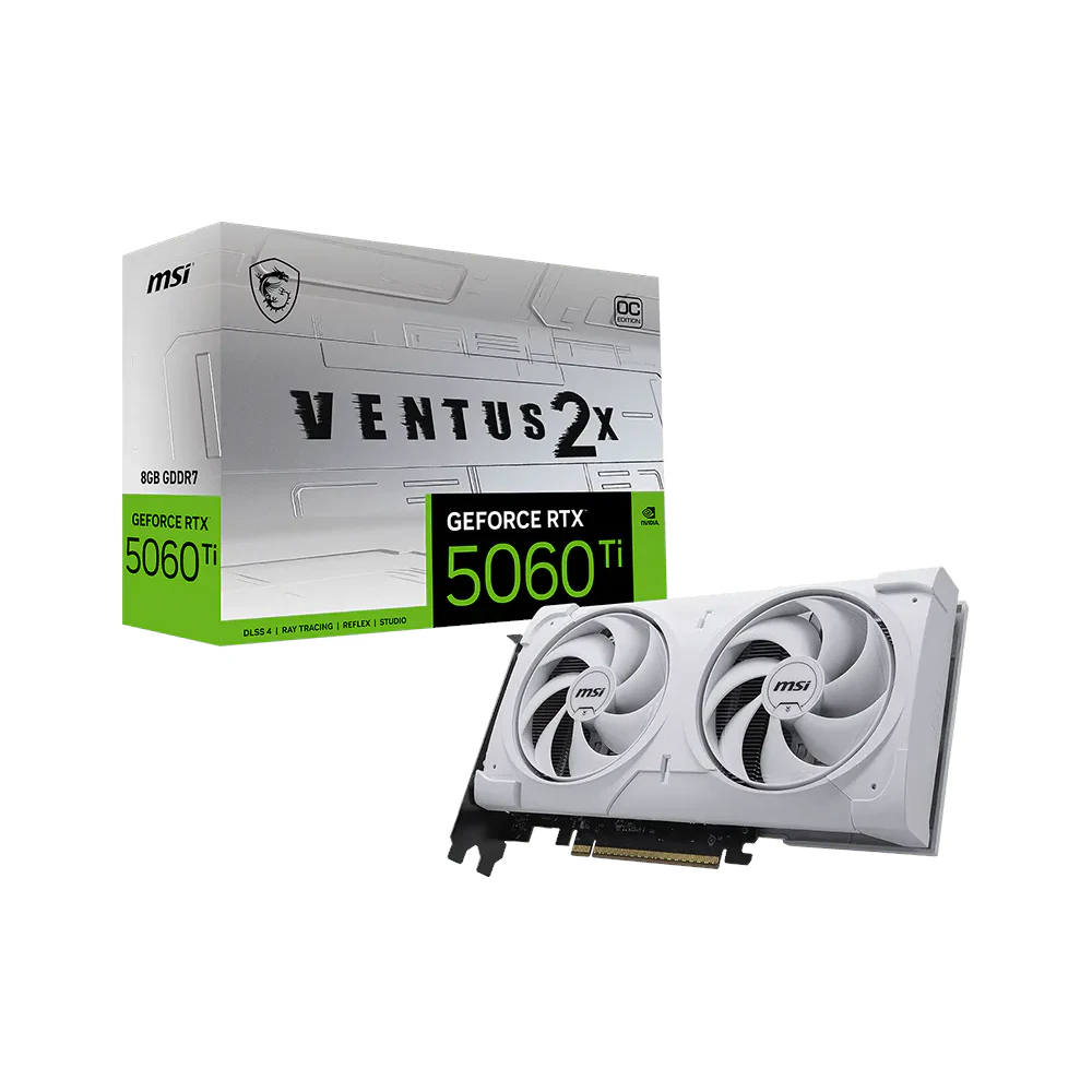 A large main feature product image of MSI GeForce RTX 5060 Ti 8GB GDDR7 VENTUS 2X OC PLUS (White)