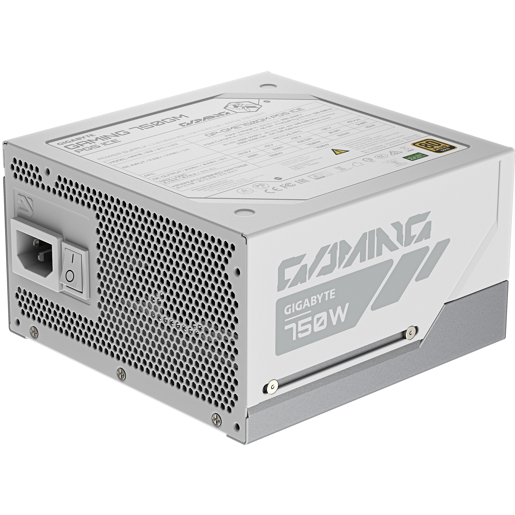 A large main feature product image of Gigabyte Gaming 750GM ICE PG5 750W Gold PCIe 5.1 ATX 3.1 Modular PSU