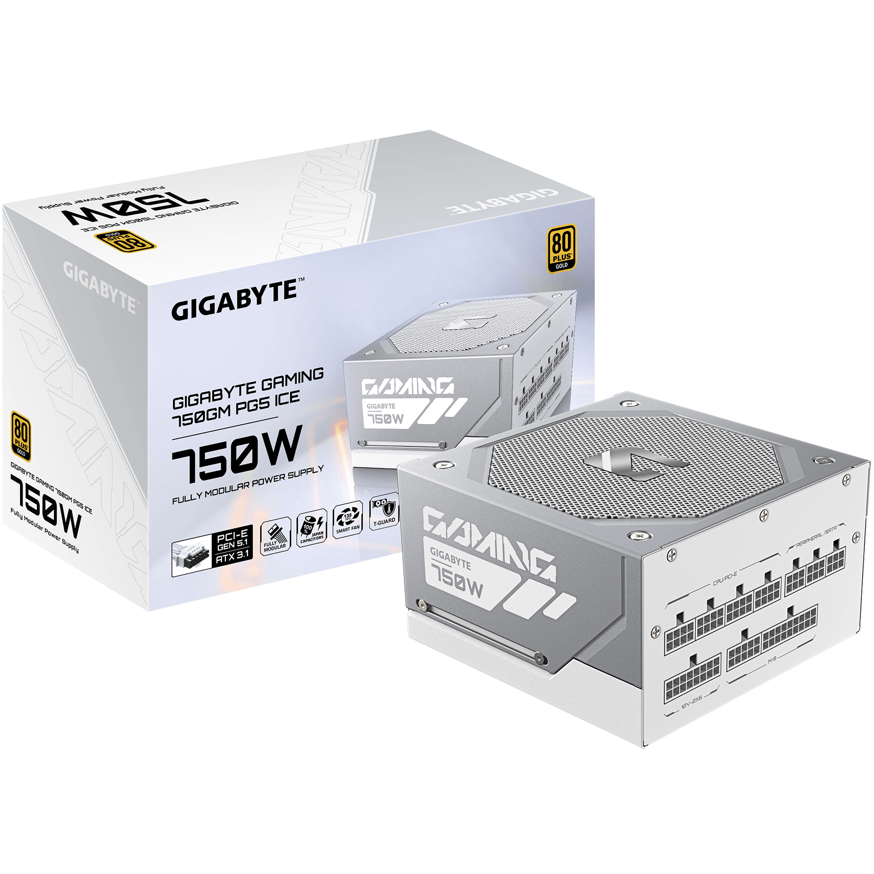 A large main feature product image of Gigabyte Gaming 750GM ICE PG5 750W Gold PCIe 5.1 ATX 3.1 Modular PSU