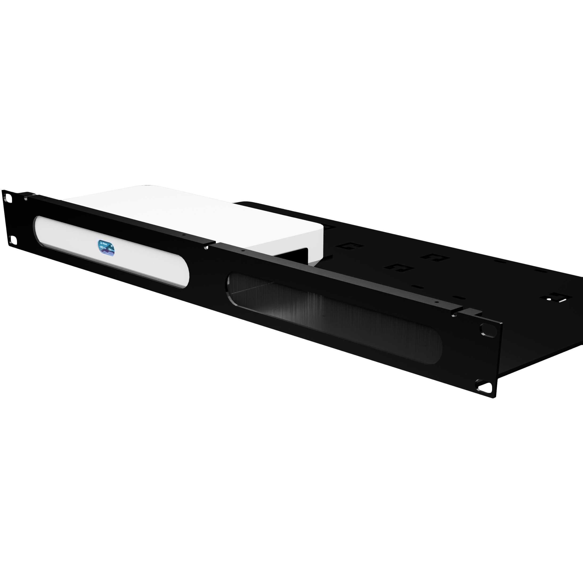 A large main feature product image of RakStuff 1U 19" Rackmount Bracket for UniFi UCG/UXG/USW Devices