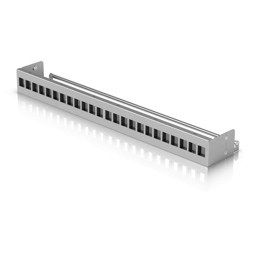 A large main feature product image of Ubiquiti UniFi 24-Port Blank Keystone Patch Panel