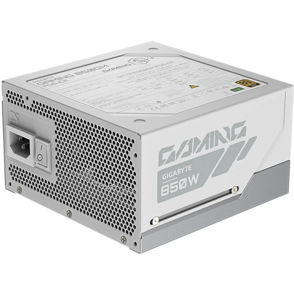 A large main feature product image of Gigabyte Gaming 800GM ICE PG5 850W Gold PCIe 5.1 ATX 3.1 Modular PSU - White