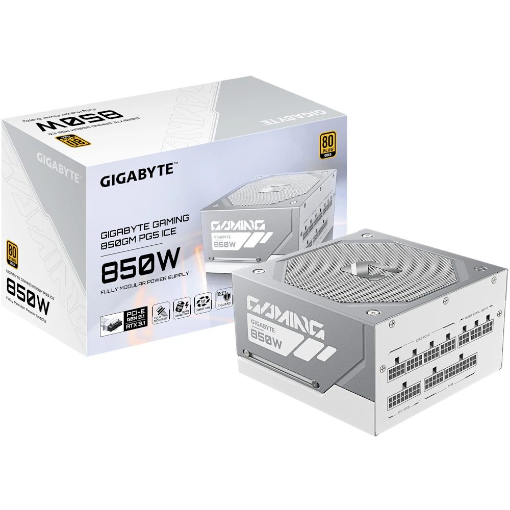 A large main feature product image of Gigabyte Gaming 800GM ICE PG5 850W Gold PCIe 5.1 ATX 3.1 Modular PSU - White
