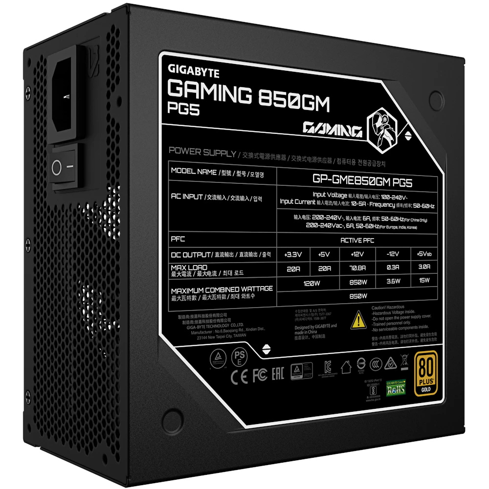 A large main feature product image of Gigabyte Gaming 800GM PG5 850W Gold PCIe 5.1 ATX 3.1 Modular PSU