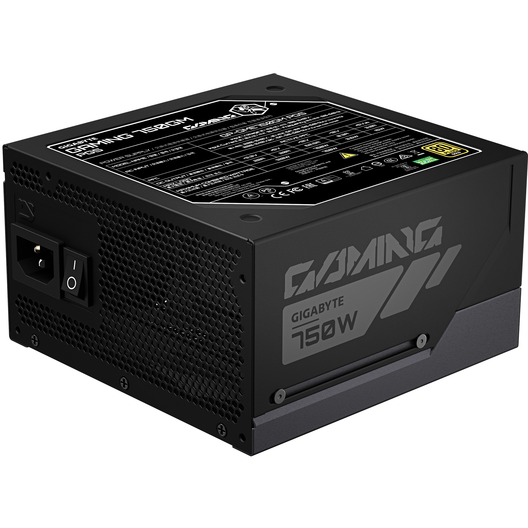 A large main feature product image of Gigabyte Gaming 750GM PG5 750W Gold PCIe 5.1 ATX 3.1 Modular PSU