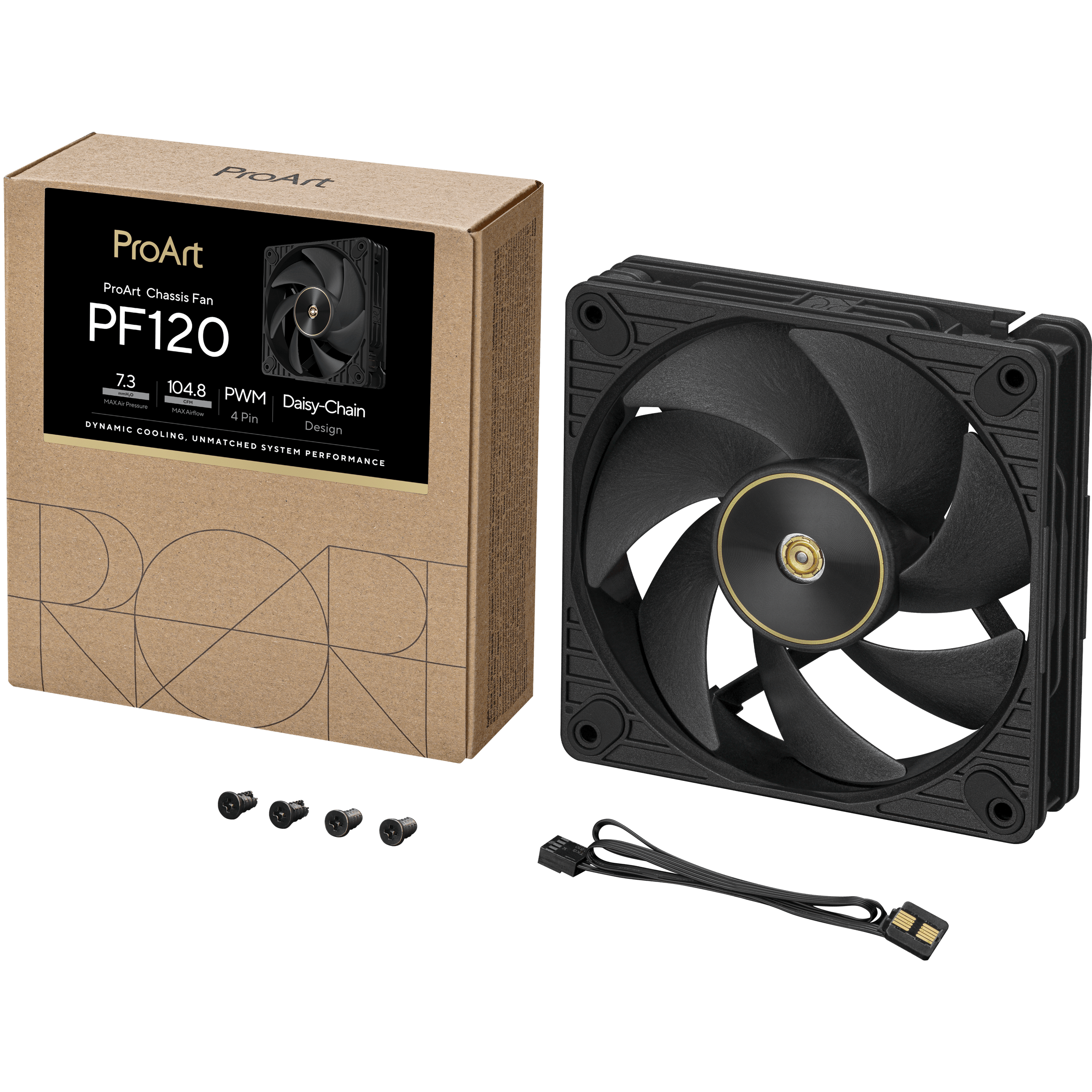A large main feature product image of ASUS PROART PF120 FAN PWM BLACK 120mm ARGB PWM Cooling Fan