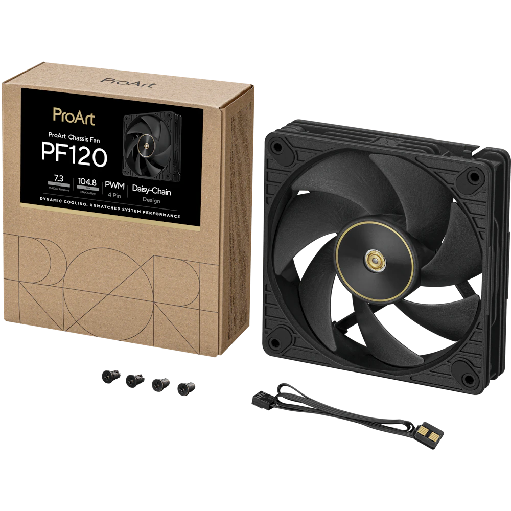 A large main feature product image of ASUS PROART PF120 FAN PWM BLACK 120mm ARGB PWM Cooling Fan