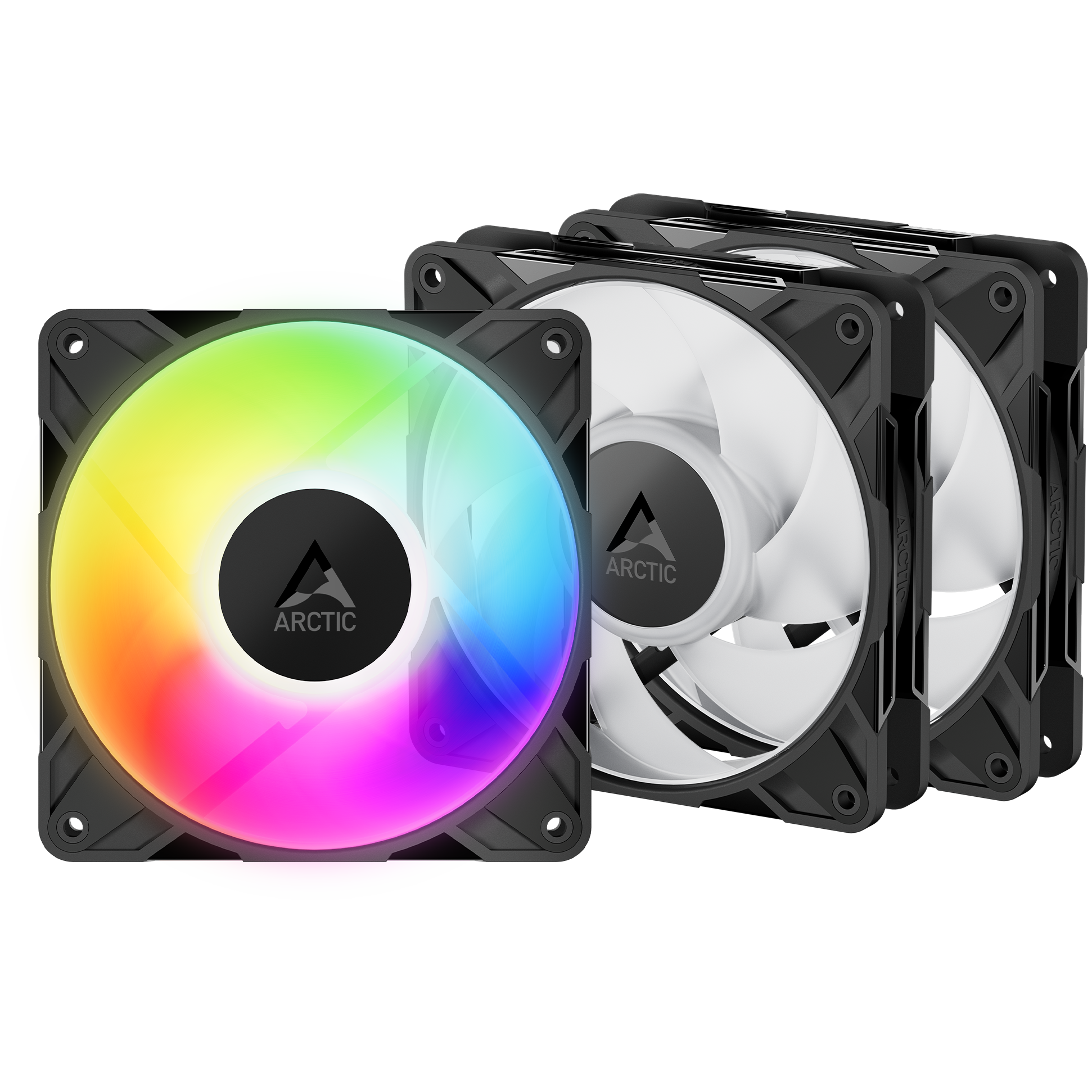 A large main feature product image of EX-DEMO ARCTIC P12 Pro ARGB 120mm Performance PWM Fan 3-Pack (Black)