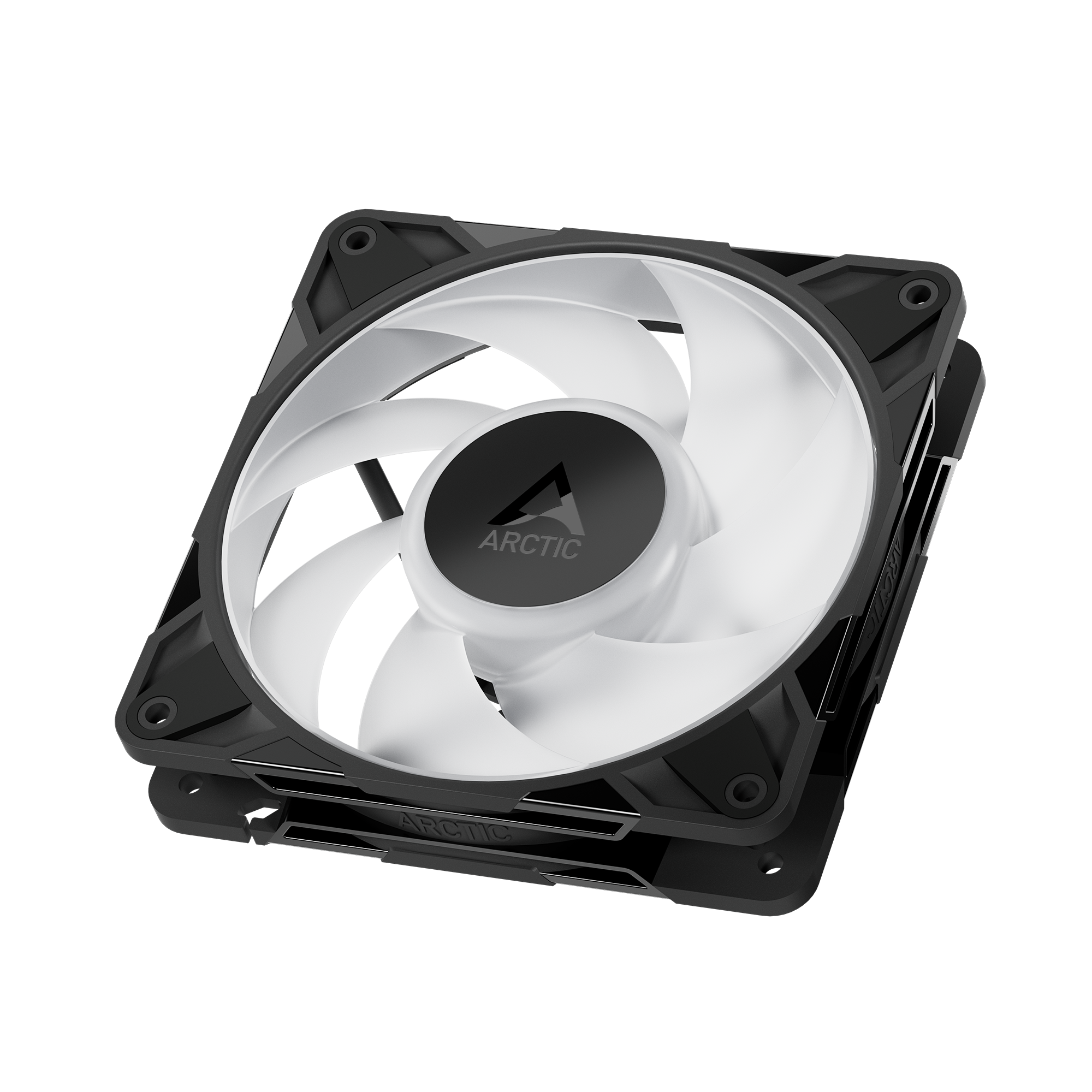 A large main feature product image of EX-DEMO ARCTIC P12 Pro ARGB 120mm Performance PWM Fan 3-Pack (Black)