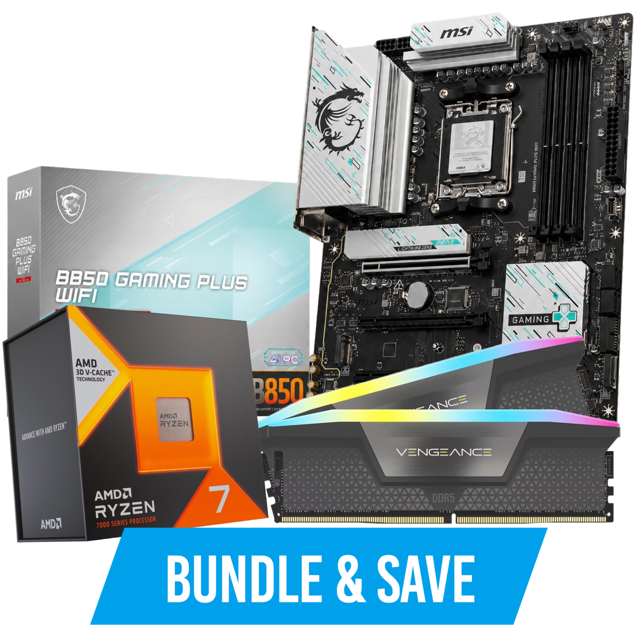 A large main feature product image of MSI B850 Ryzen 7 Gaming Bundle
