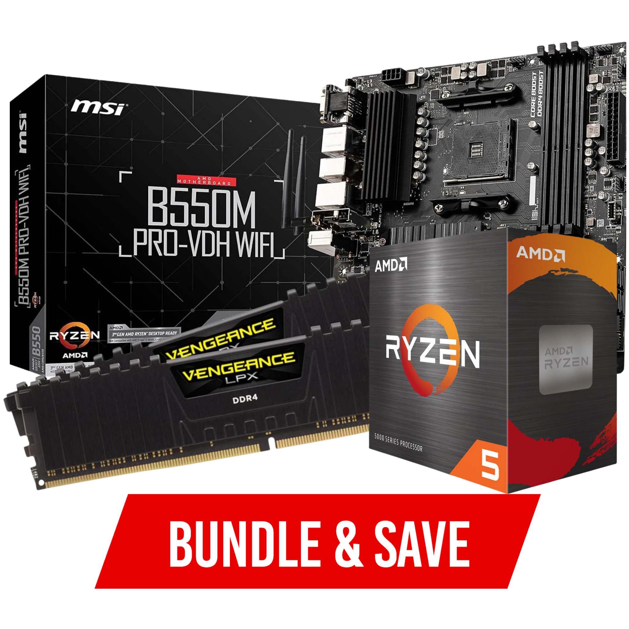 A large main feature product image of MSI B550 Ryzen 5 Value Bundle