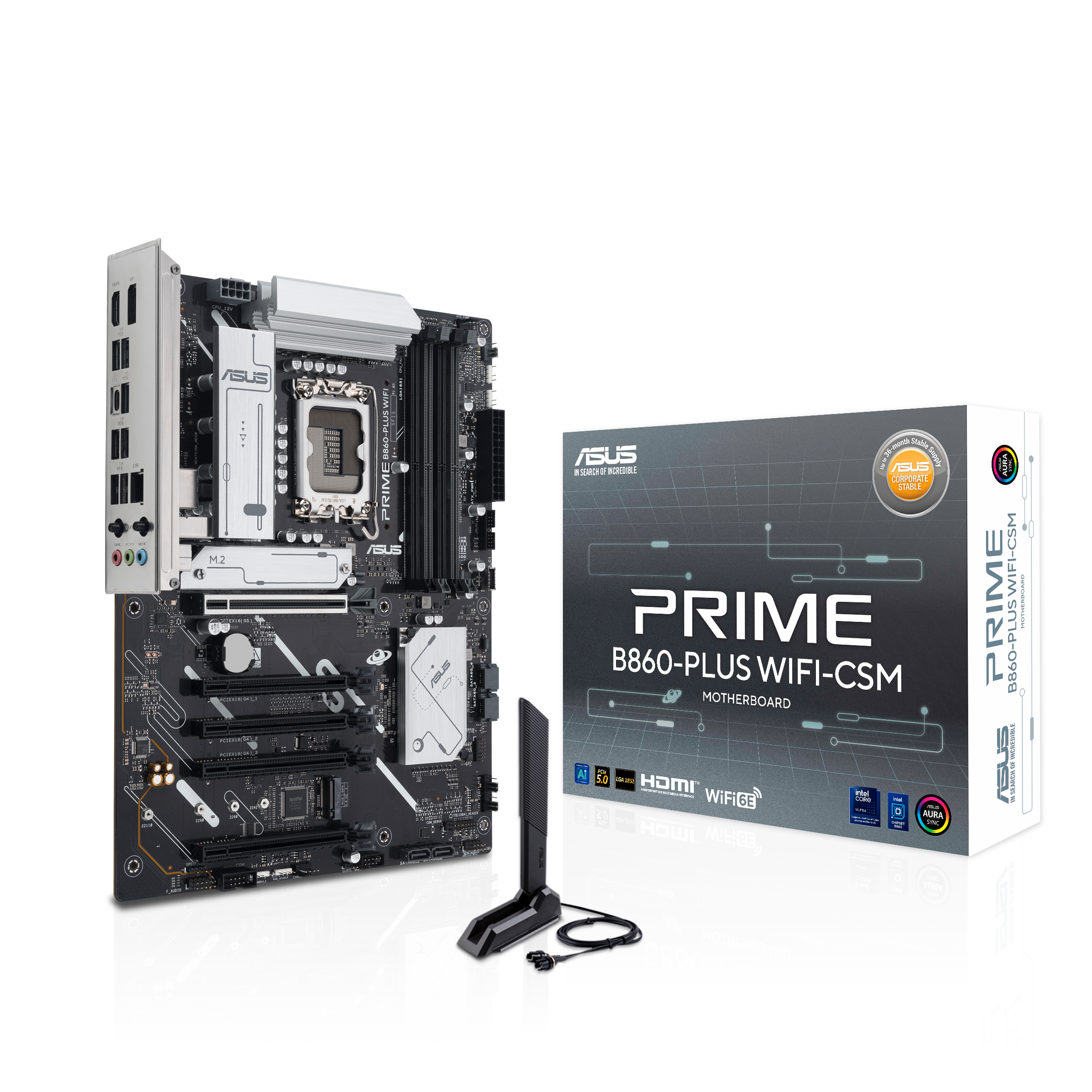 A large main feature product image of EX-DEMO ASUS PRIME B860 PLUS WiFi CSM LGA1851 ATX Desktop Motherboard