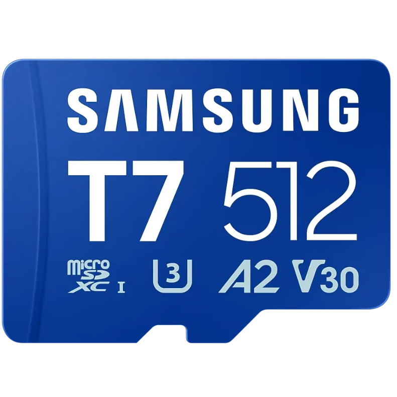 A large main feature product image of Samsung T7 microSDXC U3 A2 V30 UHS-I microSD Card - 512GB