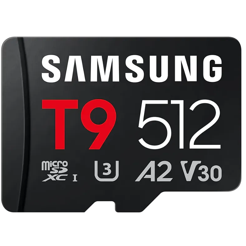 A large main feature product image of Samsung T9 microSDXC U3 A2 V30 UHS-I microSD Card - 512GB